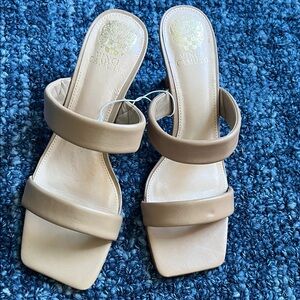 Vince Camuto Neutral Tan Double-Strap Square-Toe Slide Heels